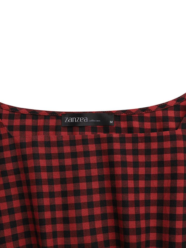 Kvinder Squre Neck Plaid Læglængde Sidelommer Casual Midi-kjoler