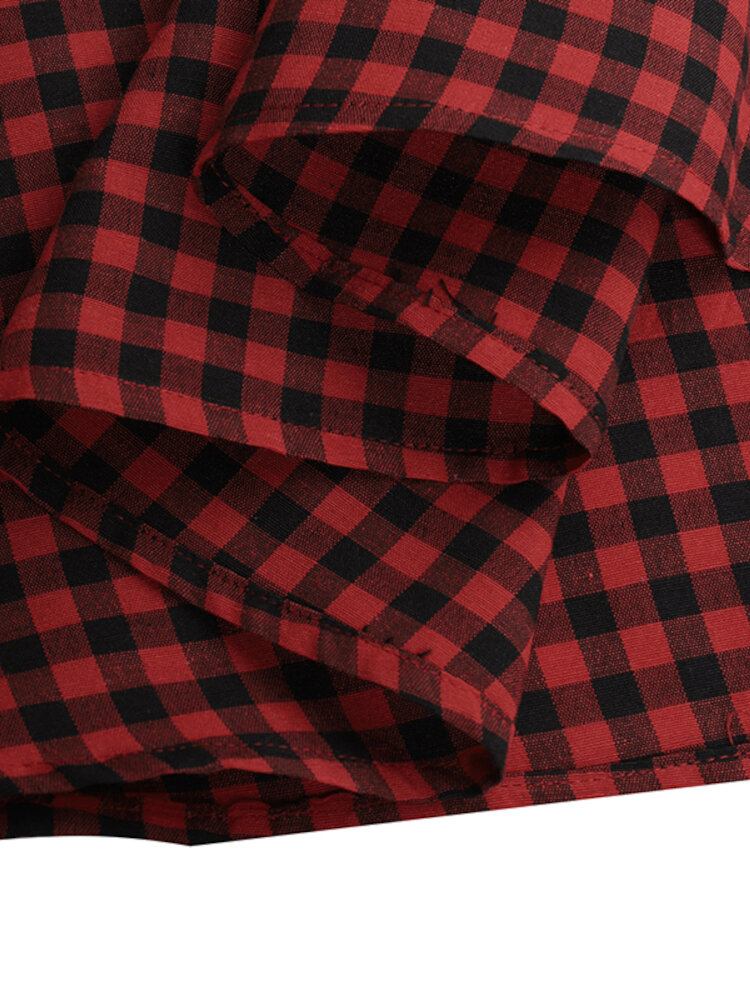 Kvinder Squre Neck Plaid Læglængde Sidelommer Casual Midi-kjoler