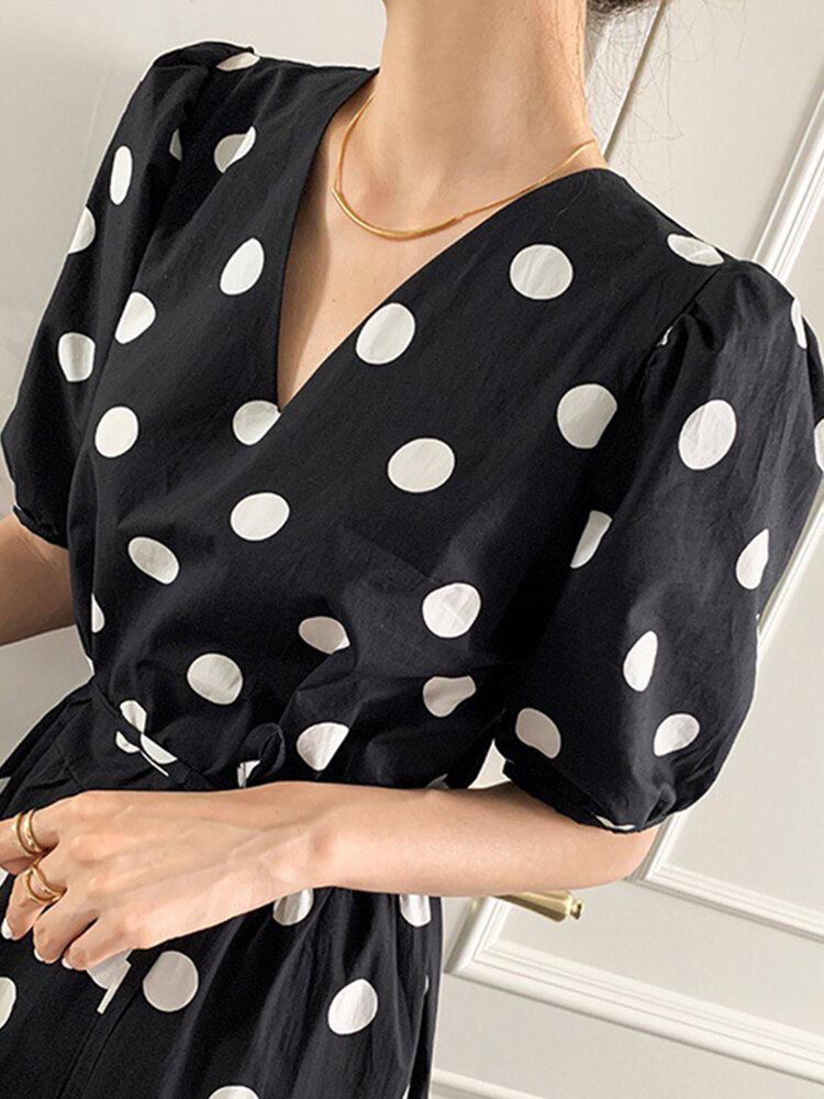 Polka Dot Print Halværmet V-hals Puff Snøre Kjole