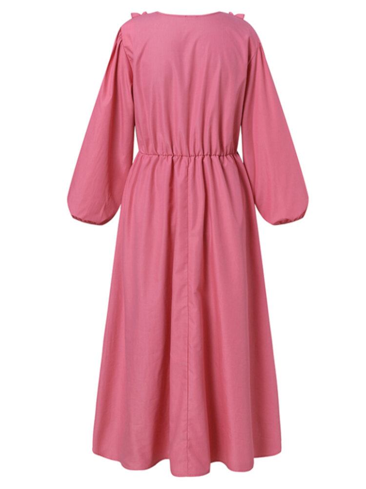 Puff Sleeve Pleating Fritid Holiday Casual Dress For Women