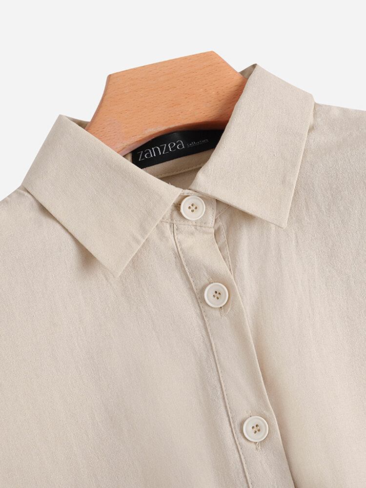 Solid Pocket Button Lapel Kortærmet Casual Midi-kjole