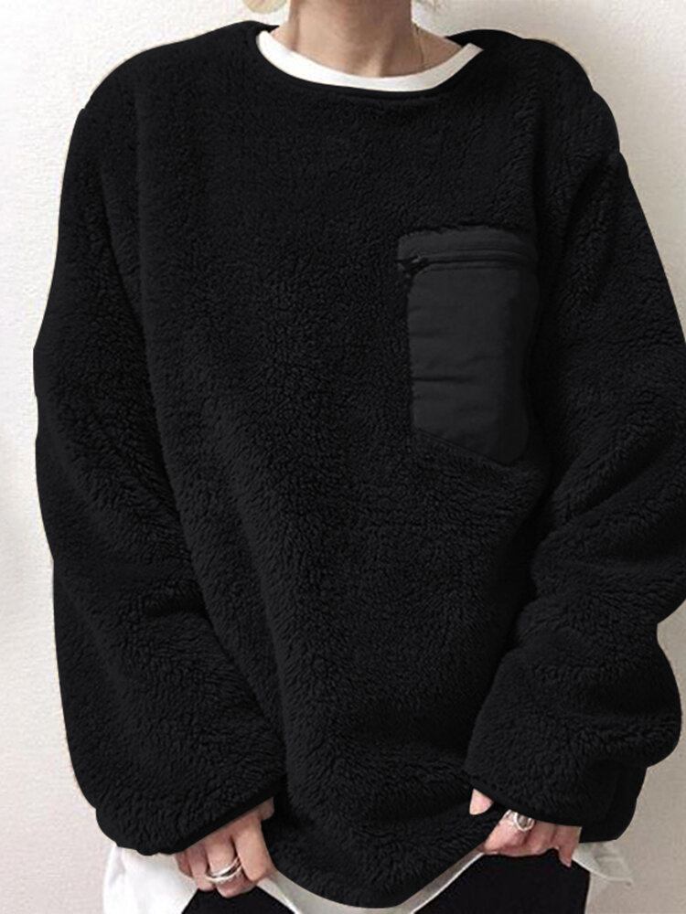 Casual Patchwork Pocket Wool Plys Komfortabel Sweatshirt Til Kvinder