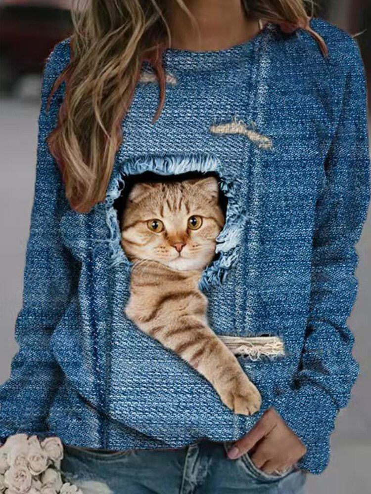 Dame Design 3d Cat Print Pullover Langærmede Søde Sweatshirts