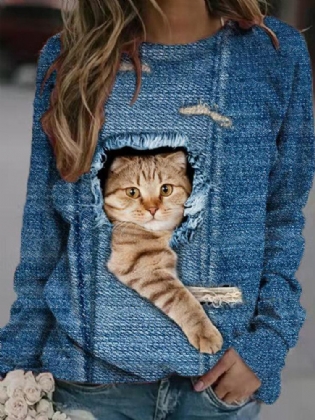 Dame Design 3d Cat Print Pullover Langærmede Søde Sweatshirts