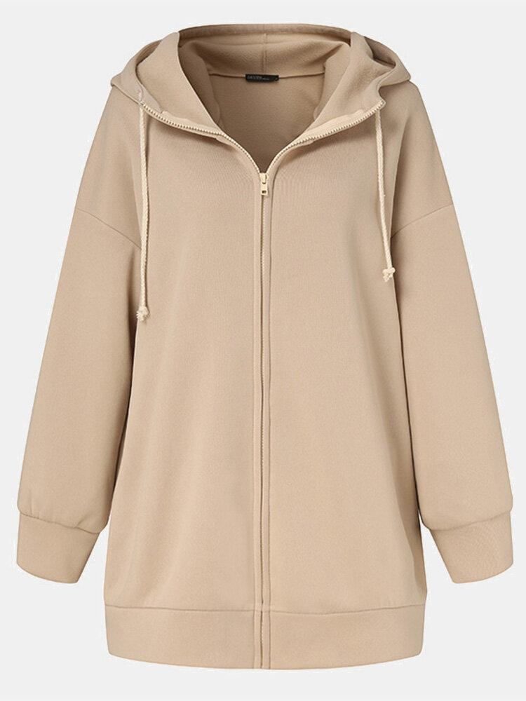 Dame Hætte Fleece Lang Løs Hætte Reb Casual Sweatshirt Med Sidelommer