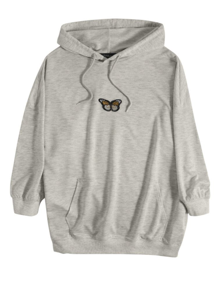 Dame Hood Puff Sleeve Løs Butterfly Brodery Printed Hoodie