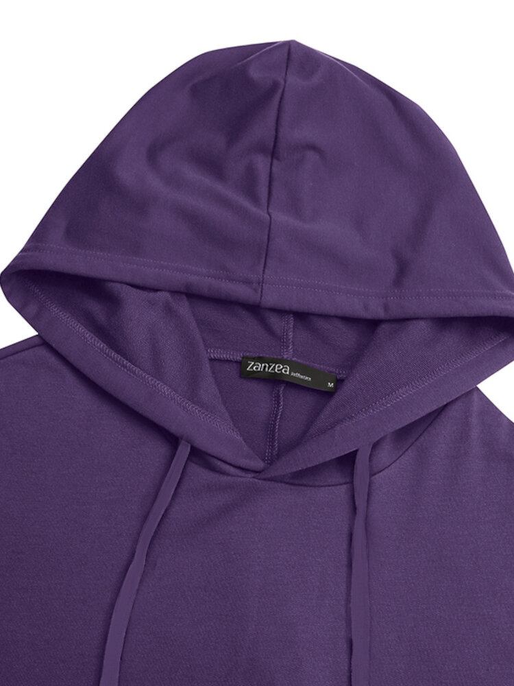 Dame Hooded Solid Front Lommer Snøre-knæ Længde Sweatshirt