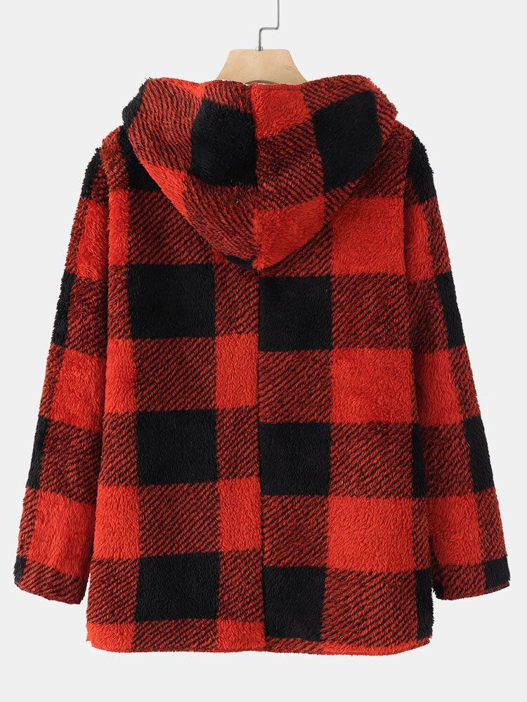 Dame Plaid Fleece Hætte Langærmet Varm Casual Hættetrøje