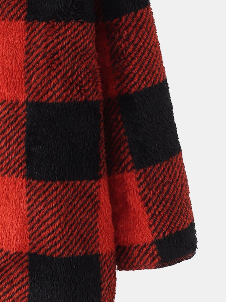 Dame Plaid Fleece Hætte Langærmet Varm Casual Hættetrøje