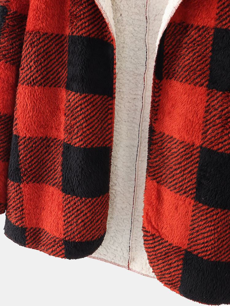 Dame Plaid Fleece Hætte Langærmet Varm Casual Hættetrøje