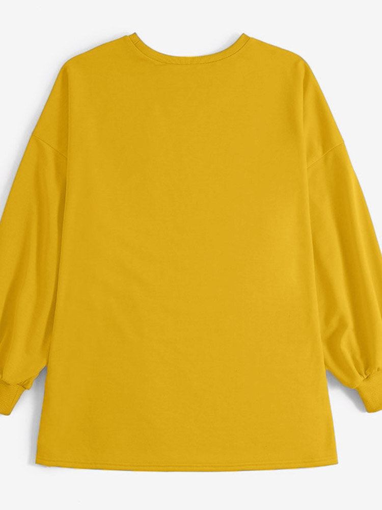 Dame Pufærmer Splejset Solid Løs O-hals Afslappet Sweatshirt