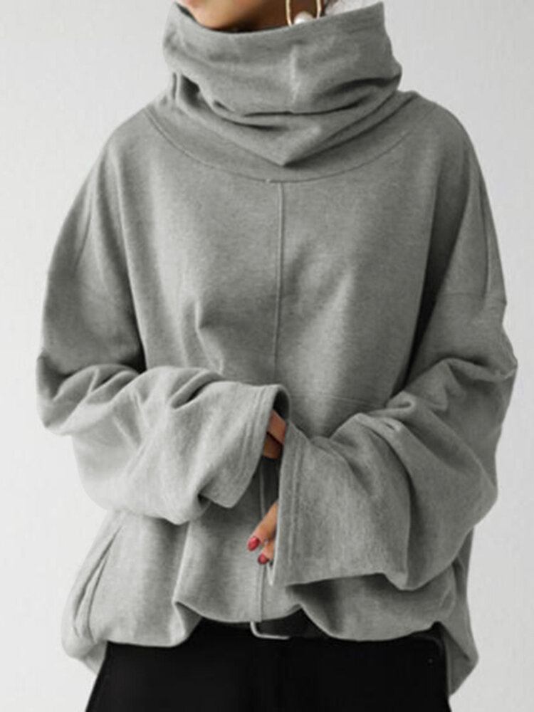 Dame Rullekrave-søm Design Brede Ærmer Solid Løs Pullover Sweatshirt