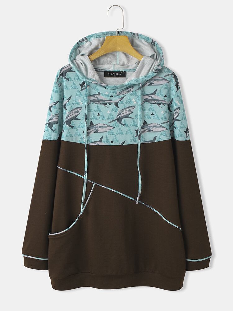 Dame Shark Print Patchwork Langærmet Casual Hættetrøjer Med Snoretræk