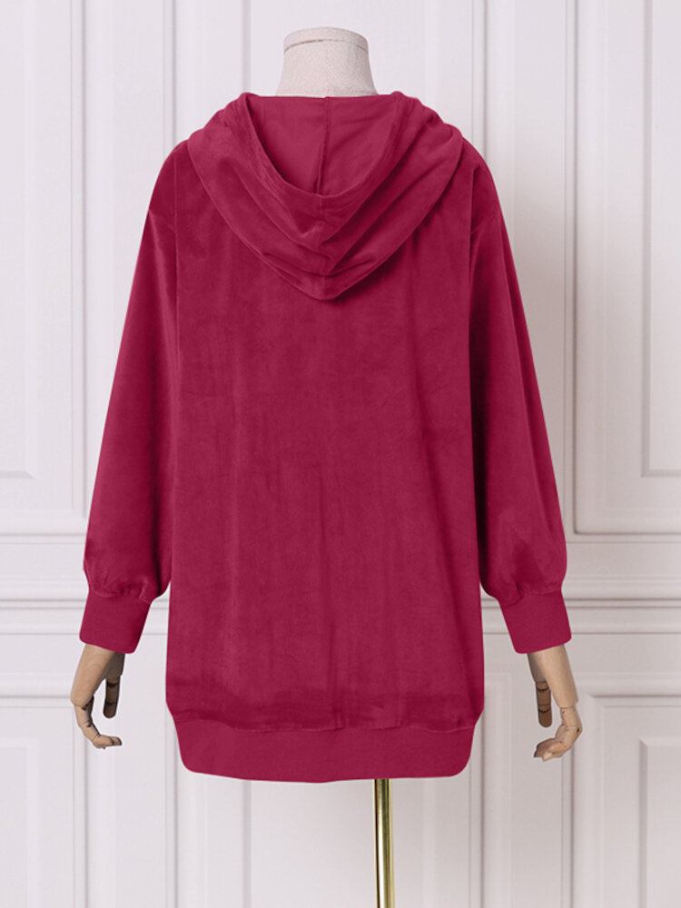 Dame Solid Puff Sleeve Simple Velvet Sweatshirt Med Frontlomme