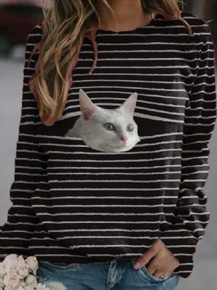 Dame Stripe Cat Print Pullover Sort Casual Sweatshirts