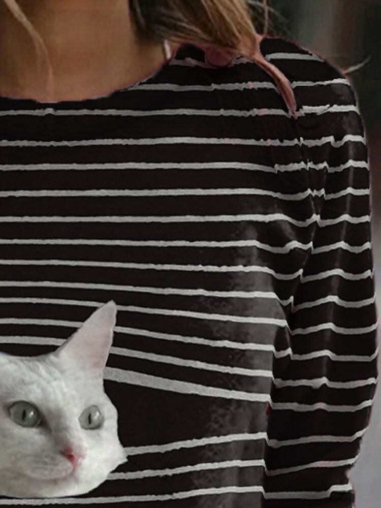 Dame Stripe Cat Print Pullover Sort Casual Sweatshirts