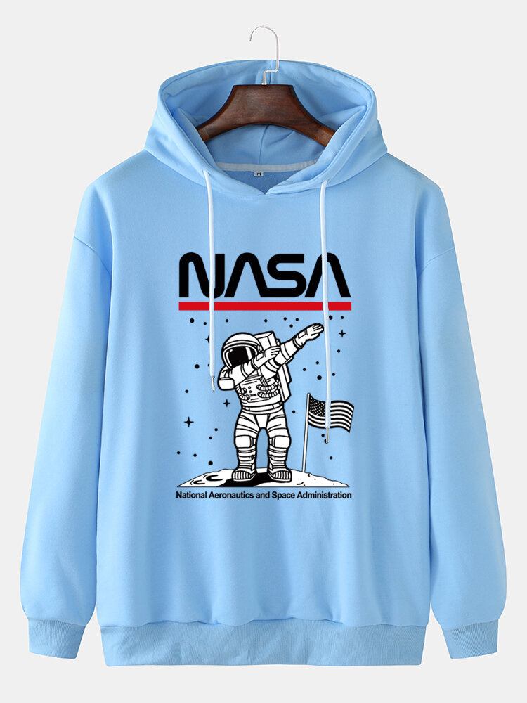 Funny Astronaut Print Drop Skulder Bomuld Casual Hættetrøjer