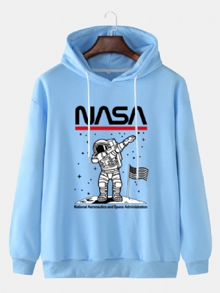 Funny Astronaut Print Drop Skulder Bomuld Casual Hættetrøjer