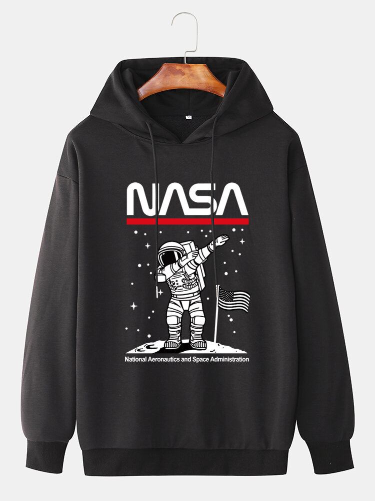 Funny Astronaut Print Drop Skulder Bomuld Casual Hættetrøjer