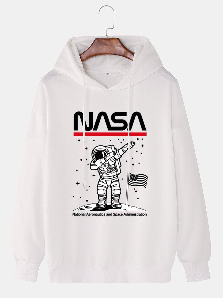 Funny Astronaut Print Drop Skulder Bomuld Casual Hættetrøjer