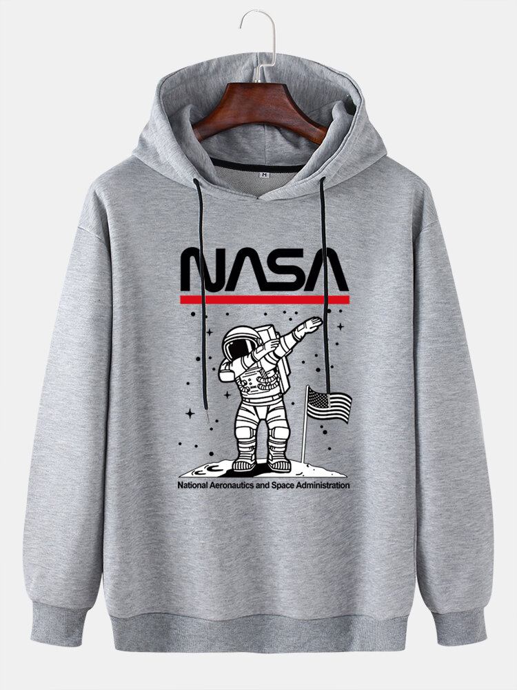 Funny Astronaut Print Drop Skulder Bomuld Casual Hættetrøjer