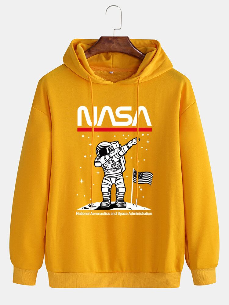 Funny Astronaut Print Drop Skulder Bomuld Casual Hættetrøjer