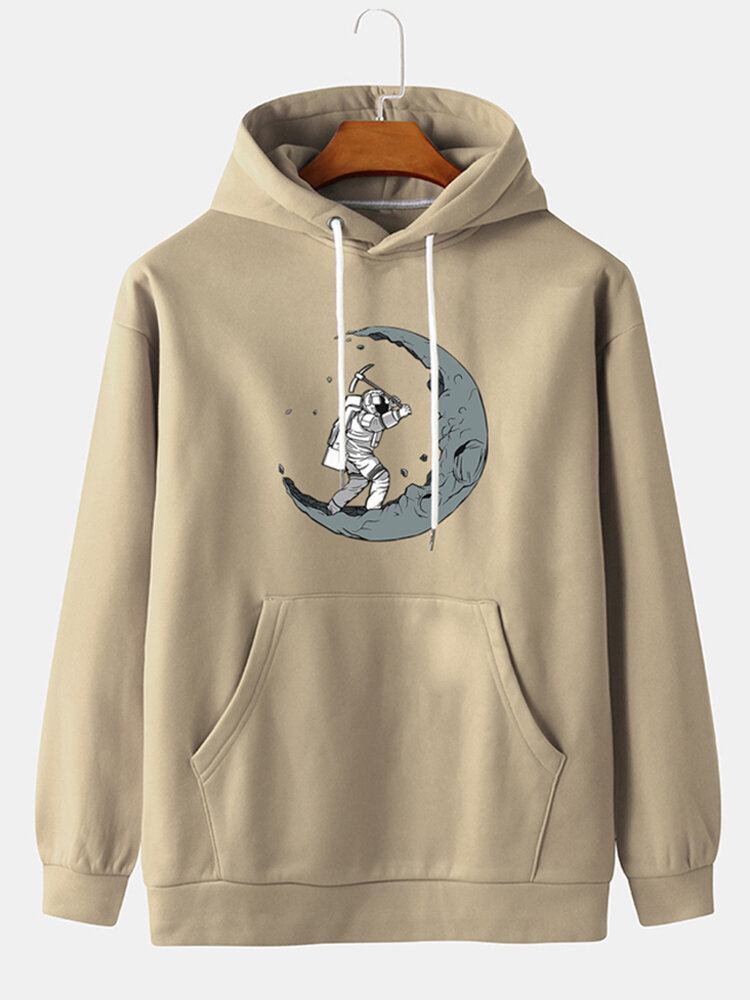 Funny Astronaut Print Drop Skulder Hættetrøjer Med Snøre Til Mænd