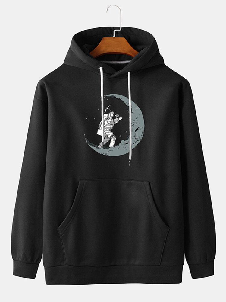 Funny Astronaut Print Drop Skulder Hættetrøjer Med Snøre Til Mænd