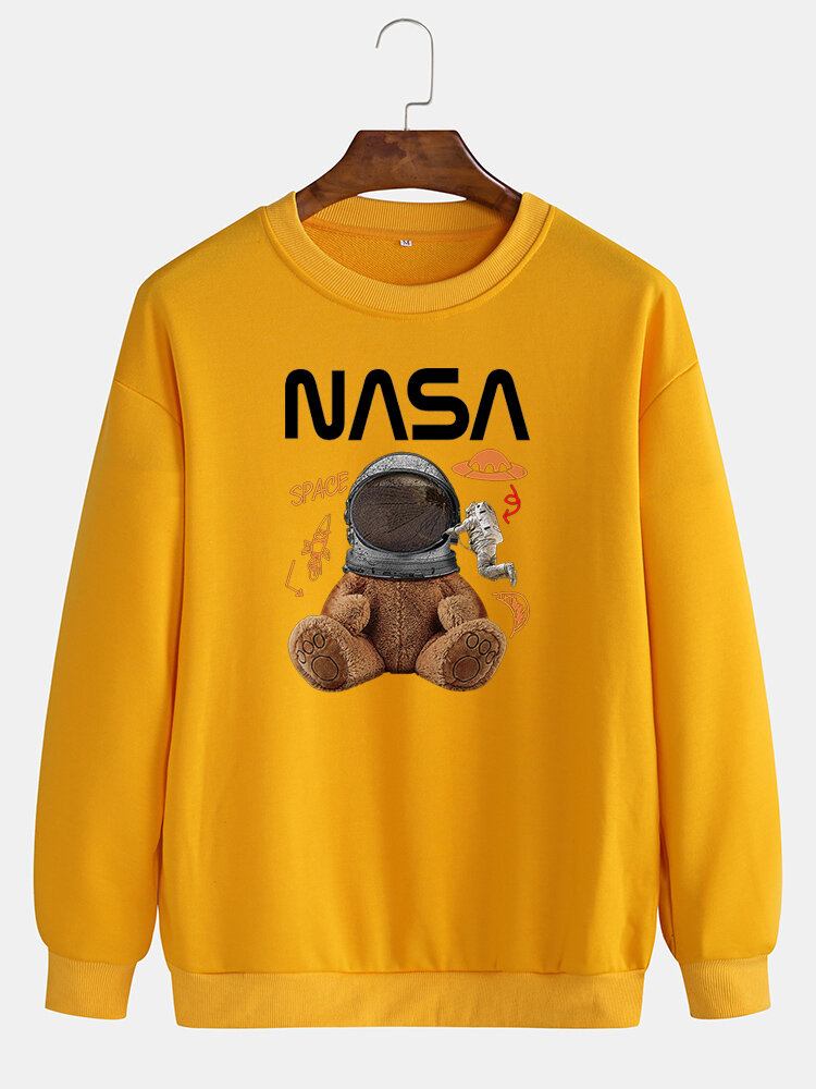 Funny Doll Bear Til Mænd Astronaut Print Pullover Drop Skulder Sweatshirts