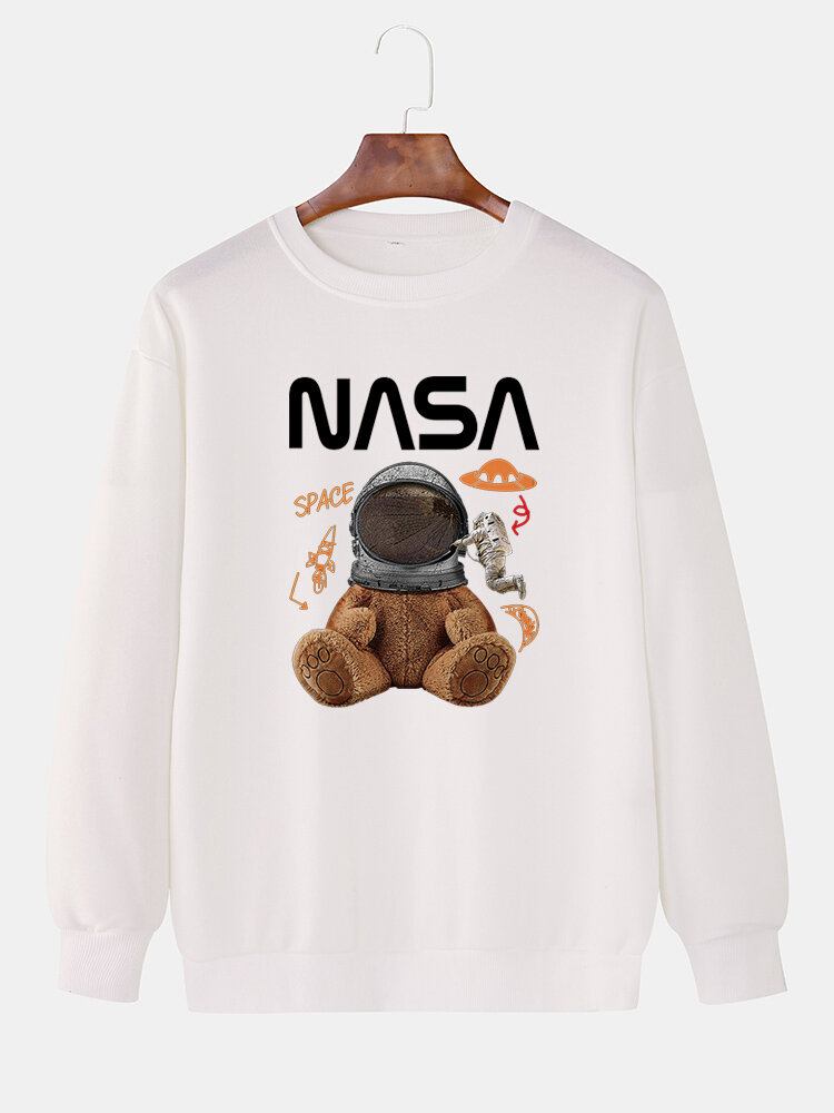 Funny Doll Bear Til Mænd Astronaut Print Pullover Drop Skulder Sweatshirts