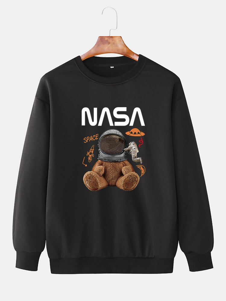 Funny Doll Bear Til Mænd Astronaut Print Pullover Drop Skulder Sweatshirts