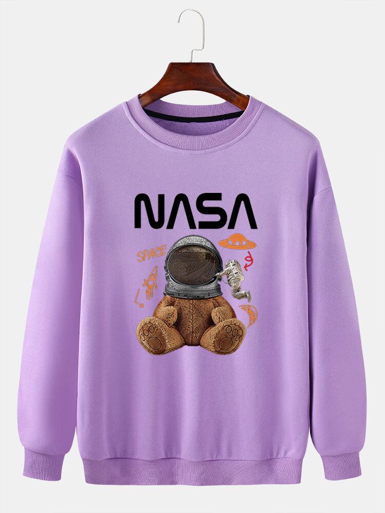 Funny Doll Bear Til Mænd Astronaut Print Pullover Drop Skulder Sweatshirts