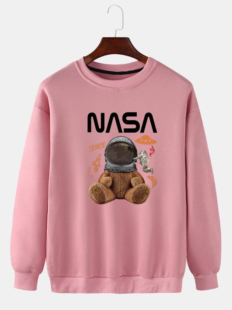 Funny Doll Bear Til Mænd Astronaut Print Pullover Drop Skulder Sweatshirts