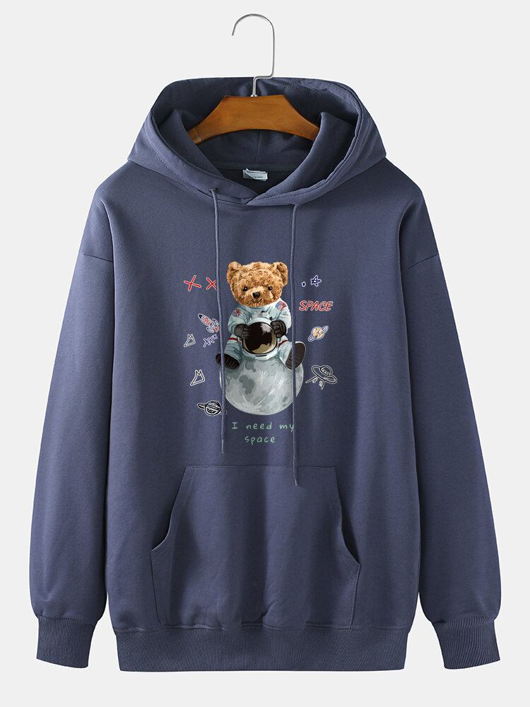 Herre 100% Bomuld Astronaut Bear Print Drop Skulder Hættetrøje Med Lomme