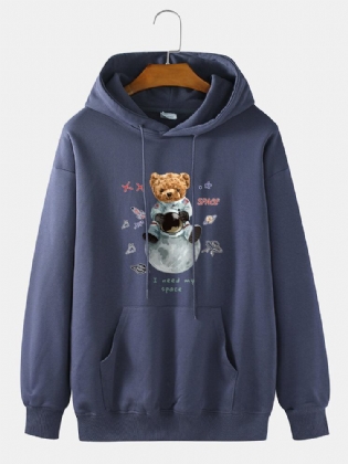 Herre 100% Bomuld Astronaut Bear Print Drop Skulder Hættetrøje Med Lomme