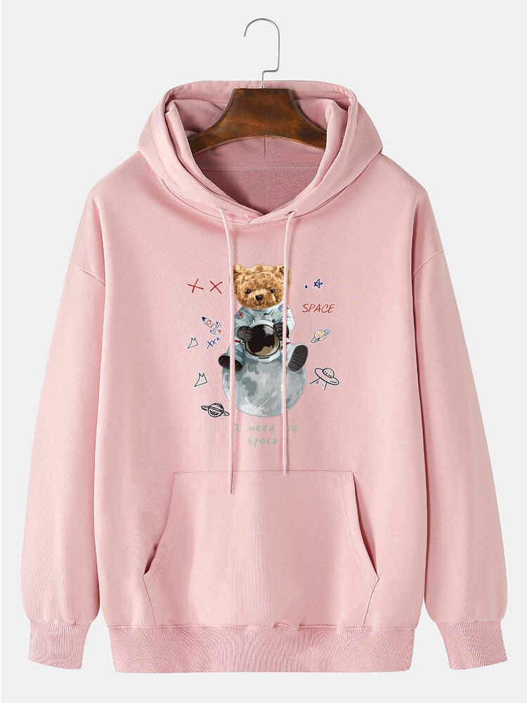 Herre 100% Bomuld Astronaut Bear Print Drop Skulder Hættetrøje Med Lomme