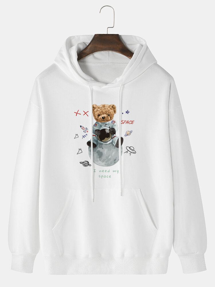 Herre 100% Bomuld Astronaut Bear Print Drop Skulder Hættetrøje Med Lomme