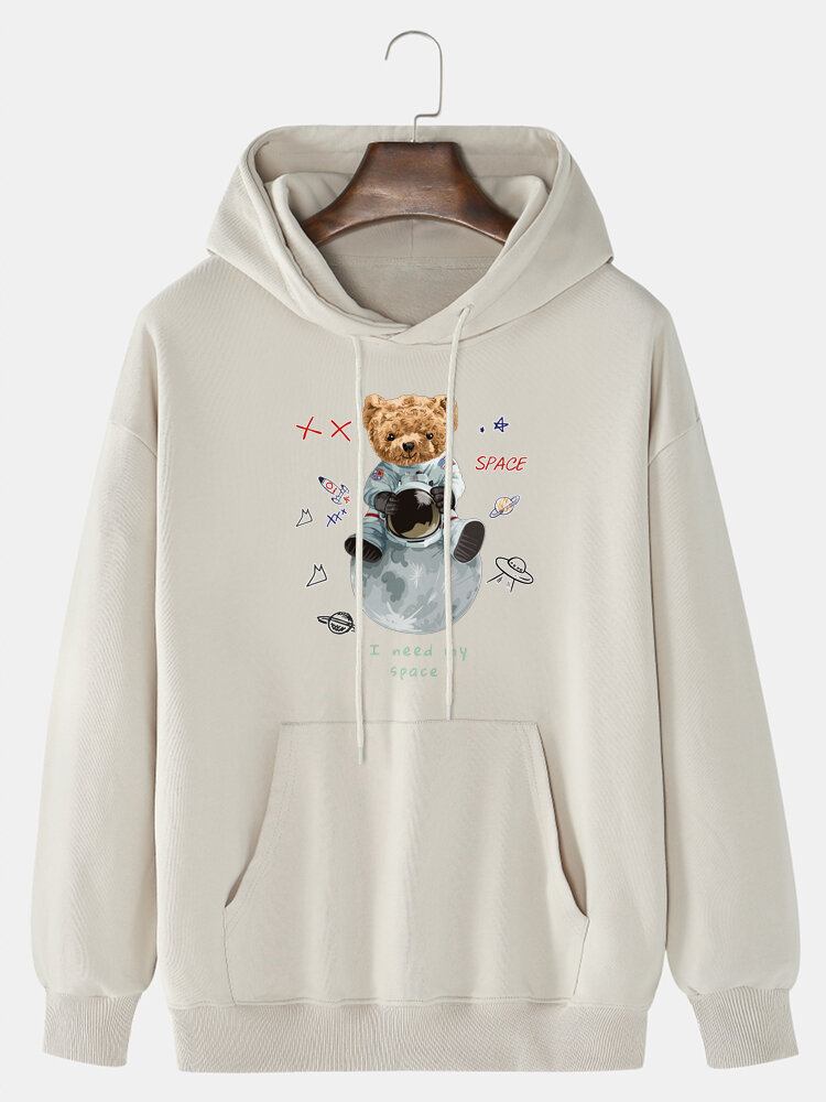 Herre 100% Bomuld Astronaut Bear Print Drop Skulder Hættetrøje Med Lomme