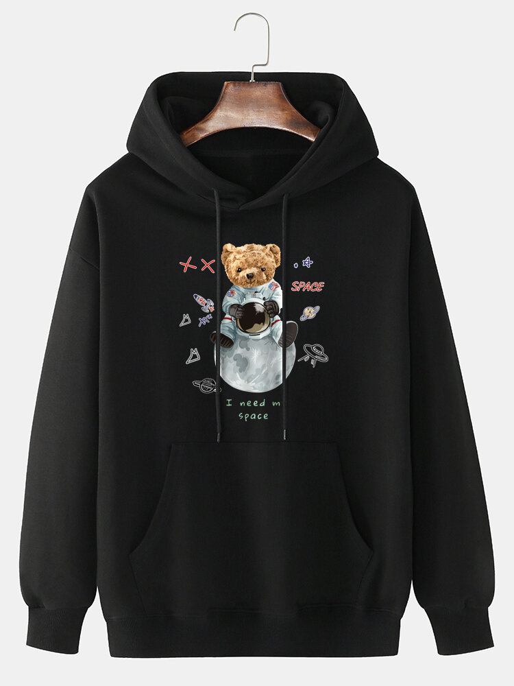 Herre 100% Bomuld Astronaut Bear Print Drop Skulder Hættetrøje Med Lomme