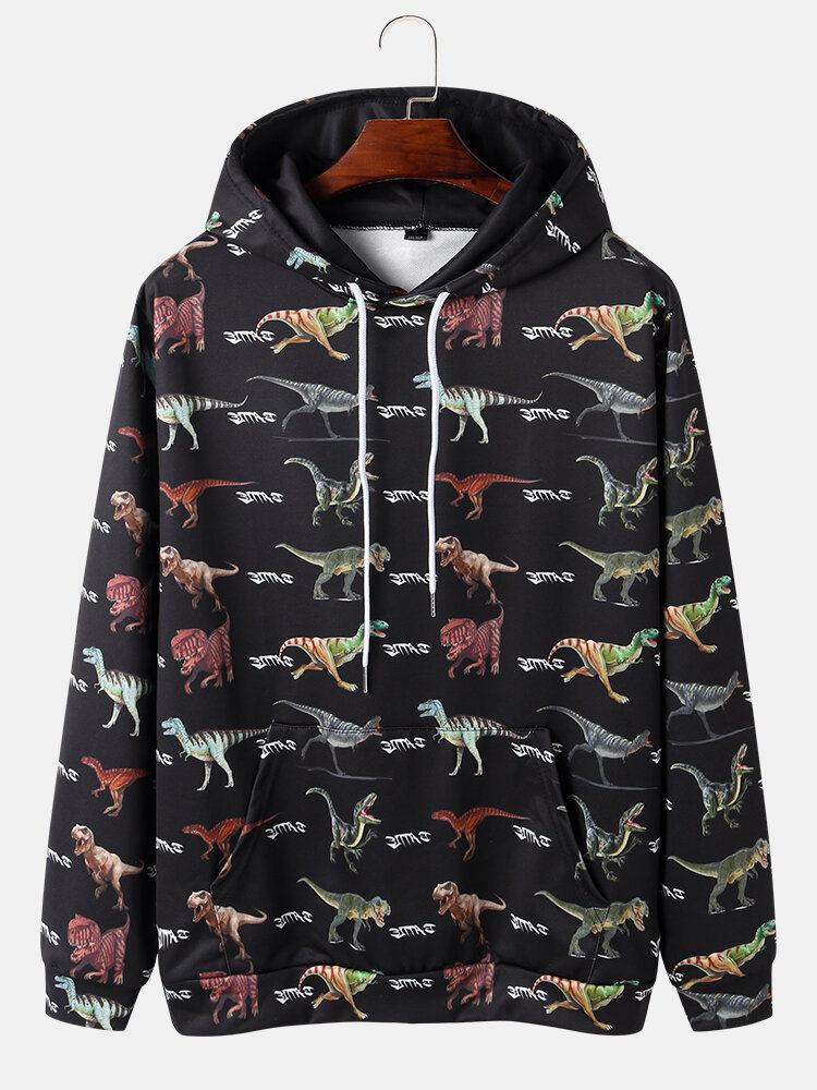 Herre All Over Dinosaur Print Snørebånd Sorte Hættetrøjer Med Lommelomme