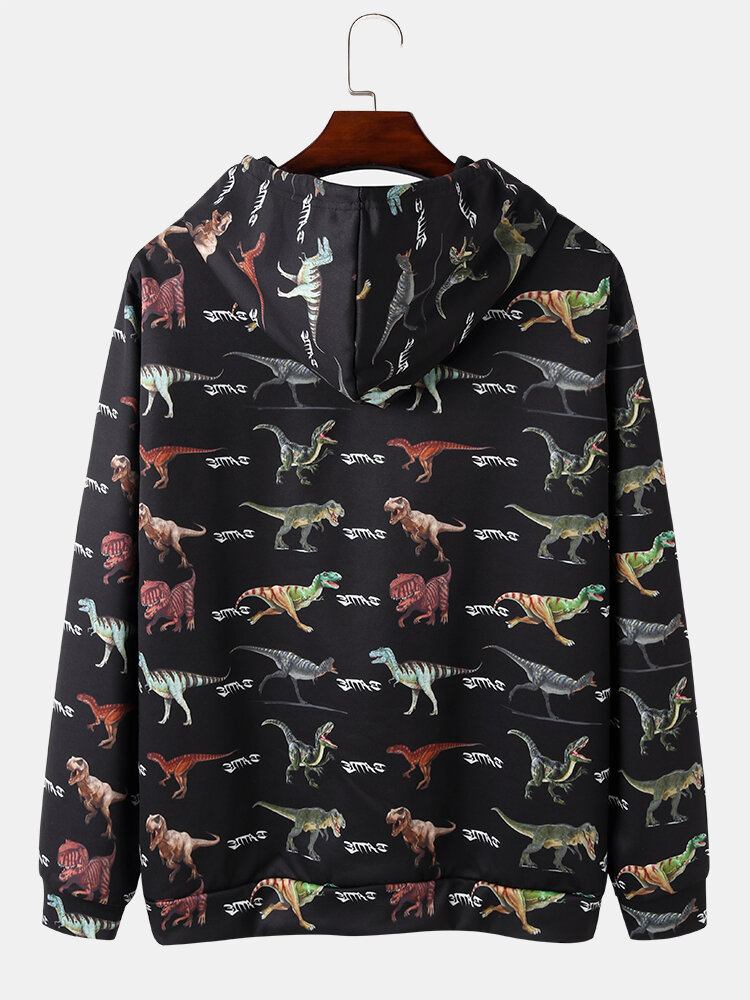 Herre All Over Dinosaur Print Snørebånd Sorte Hættetrøjer Med Lommelomme