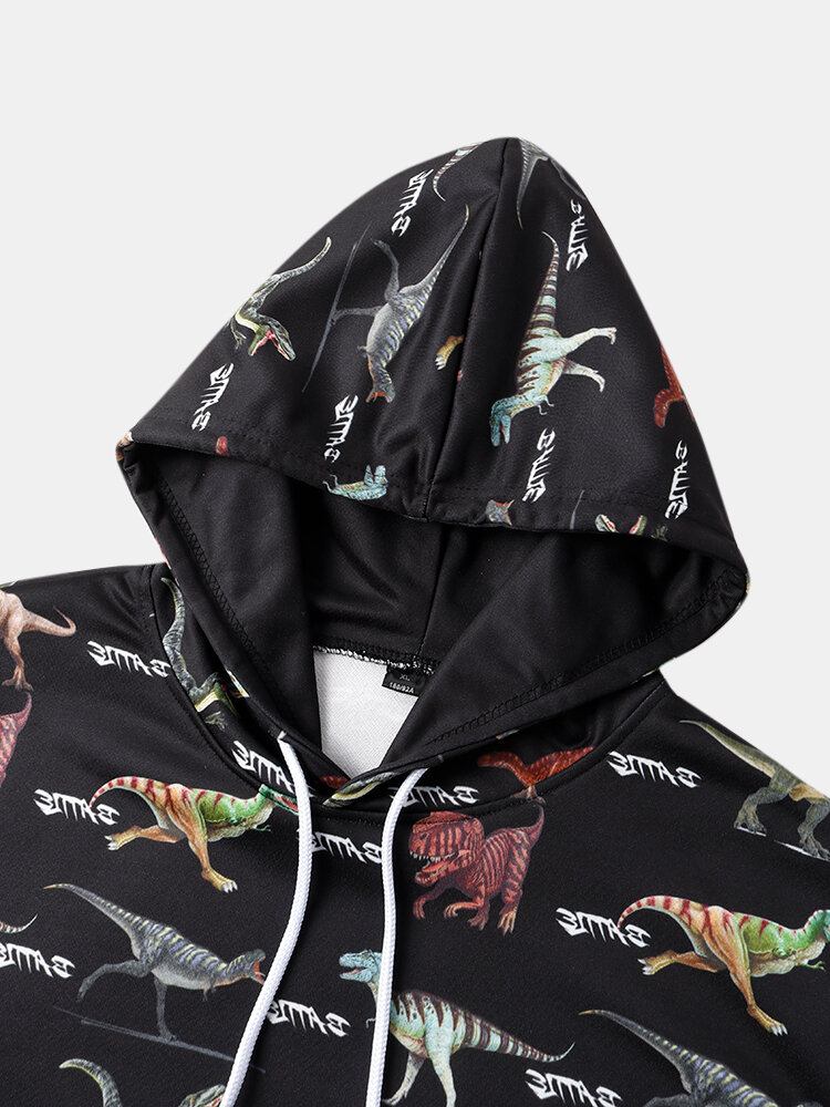 Herre All Over Dinosaur Print Snørebånd Sorte Hættetrøjer Med Lommelomme