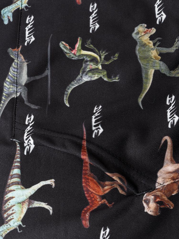 Herre All Over Dinosaur Print Snørebånd Sorte Hættetrøjer Med Lommelomme