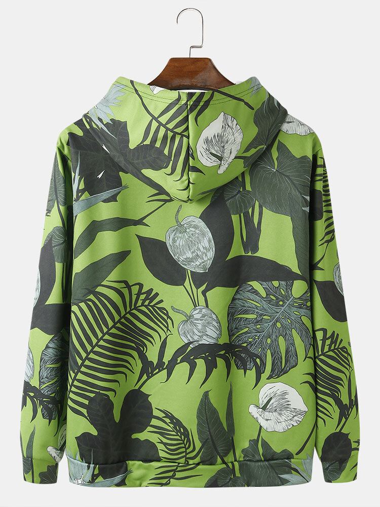 Herre All Over Tropical Plant Print Hættetrøjer Med Snøre Og Kængurulomme