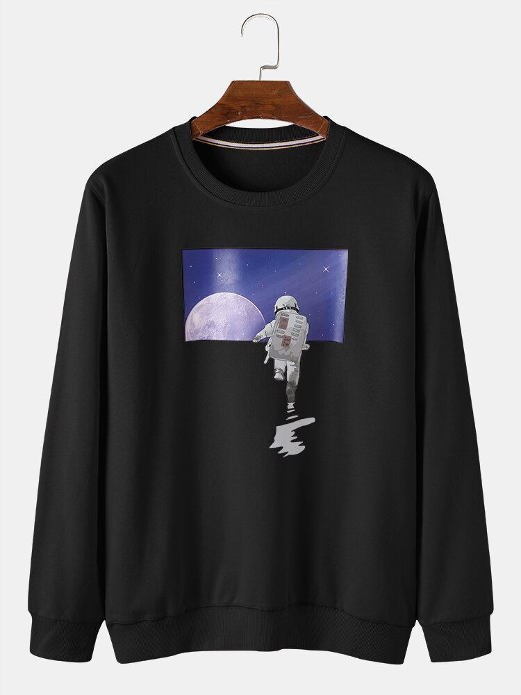 Herre Astronaut Moon Grafisk Rund Hals Bomuld Casual Sweatshirts