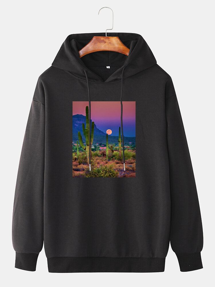 Herre Cactus Landscape Graphic Drop Skulder Hættetrøjer Med Snøre