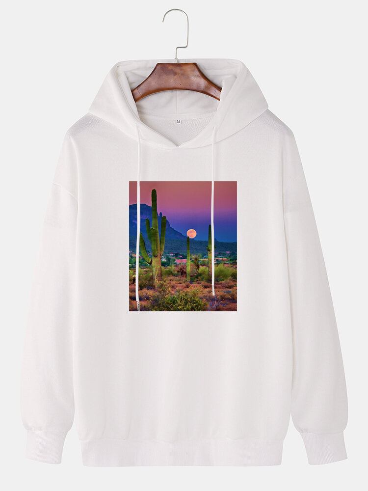 Herre Cactus Landscape Graphic Drop Skulder Hættetrøjer Med Snøre