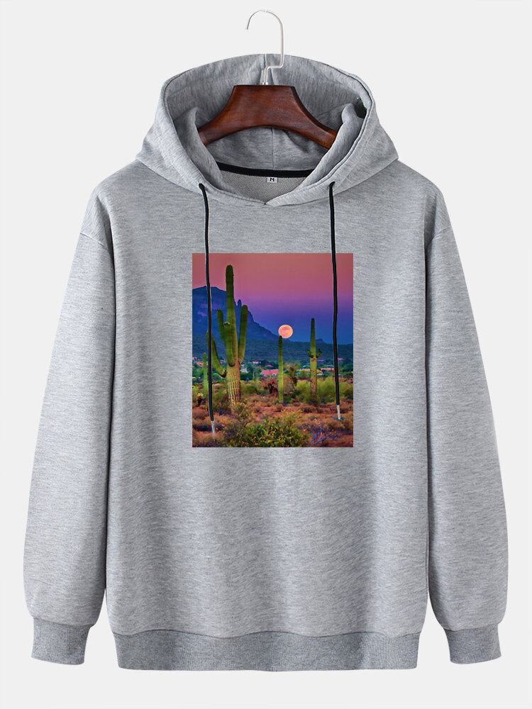 Herre Cactus Landscape Graphic Drop Skulder Hættetrøjer Med Snøre