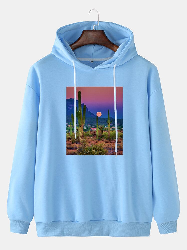 Herre Cactus Landscape Graphic Drop Skulder Hættetrøjer Med Snøre