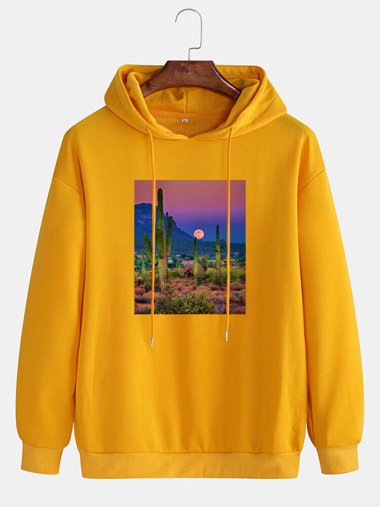 Herre Cactus Landscape Graphic Drop Skulder Hættetrøjer Med Snøre